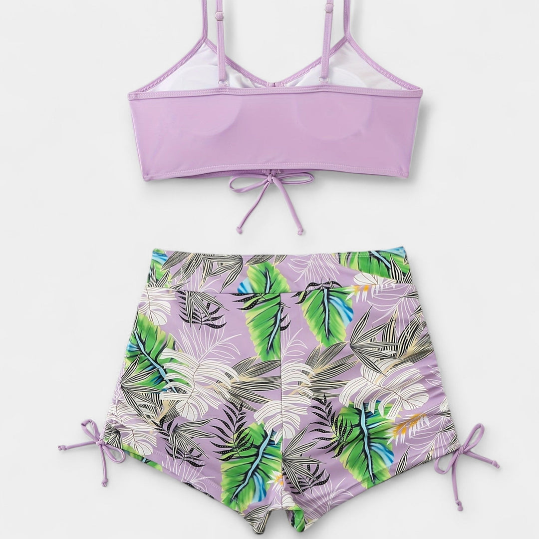 Augsta vidukļa bikini ar tropu rakstu un siksniņām