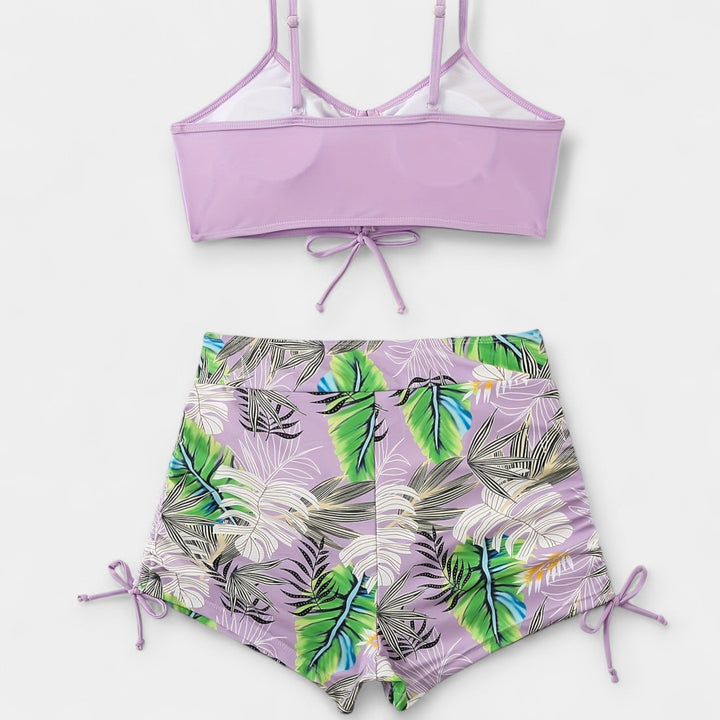 Augsta vidukļa bikini ar tropu rakstu un siksniņām
